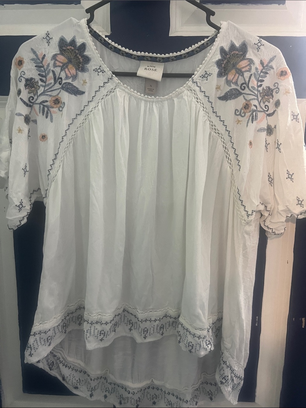 Knox Rose White Peasant Tunic with Multicolor Floral Embroidery
